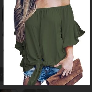 Luckymore Women's Short Sleeve Off Shoulder Olive Sexy Blouse Size Large